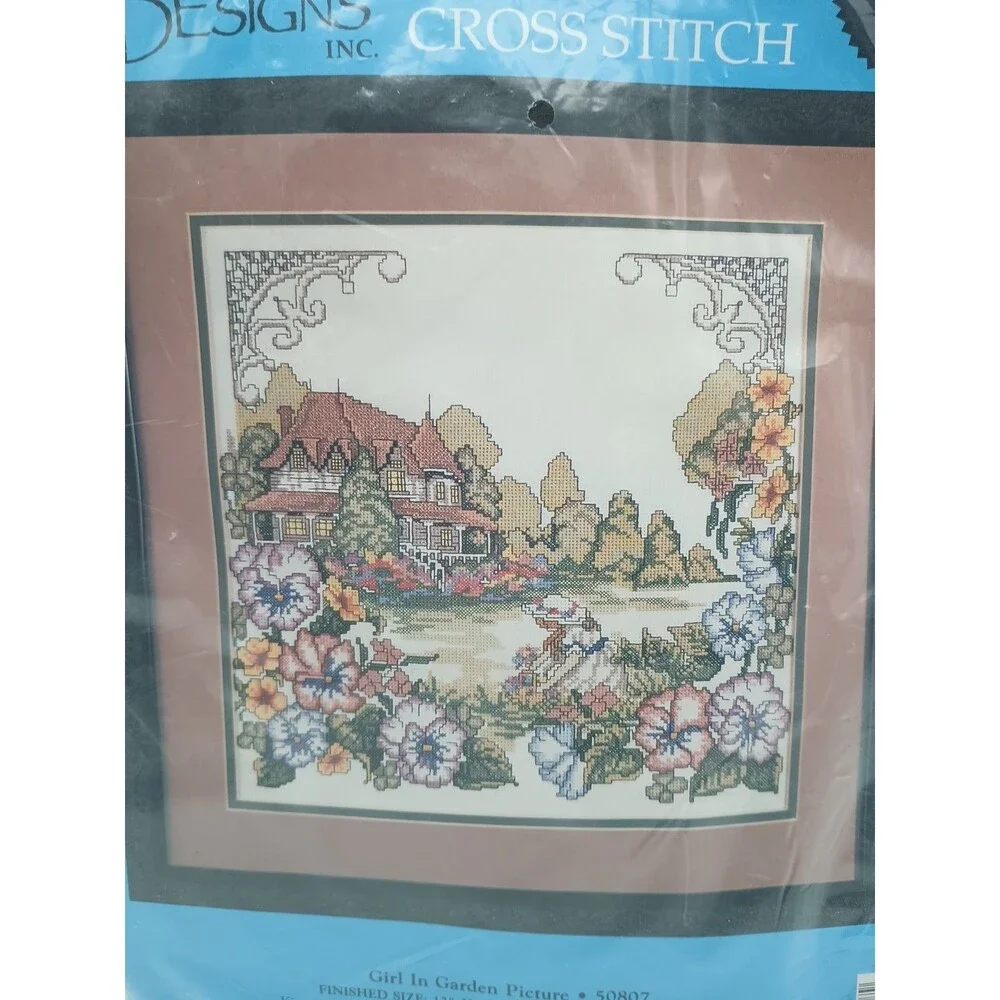 Vtg Candamar Designs Counted Cross Stitch Kit Girl In Garden